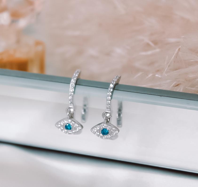Evil eye silver hoops